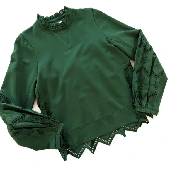 Anthropologie Forever That Girl Sweatshirt Womens Small Green Eyelet Boho - Picture 2 of 8